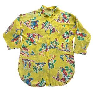VTG 70s Loungees Shirt Womens 12/14 Yellow Parrot Top Snap Cover‎ Up Pocket USA